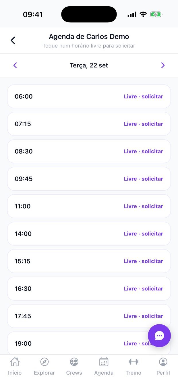 Agenda do personal com horários livres para o aluno solicitar
