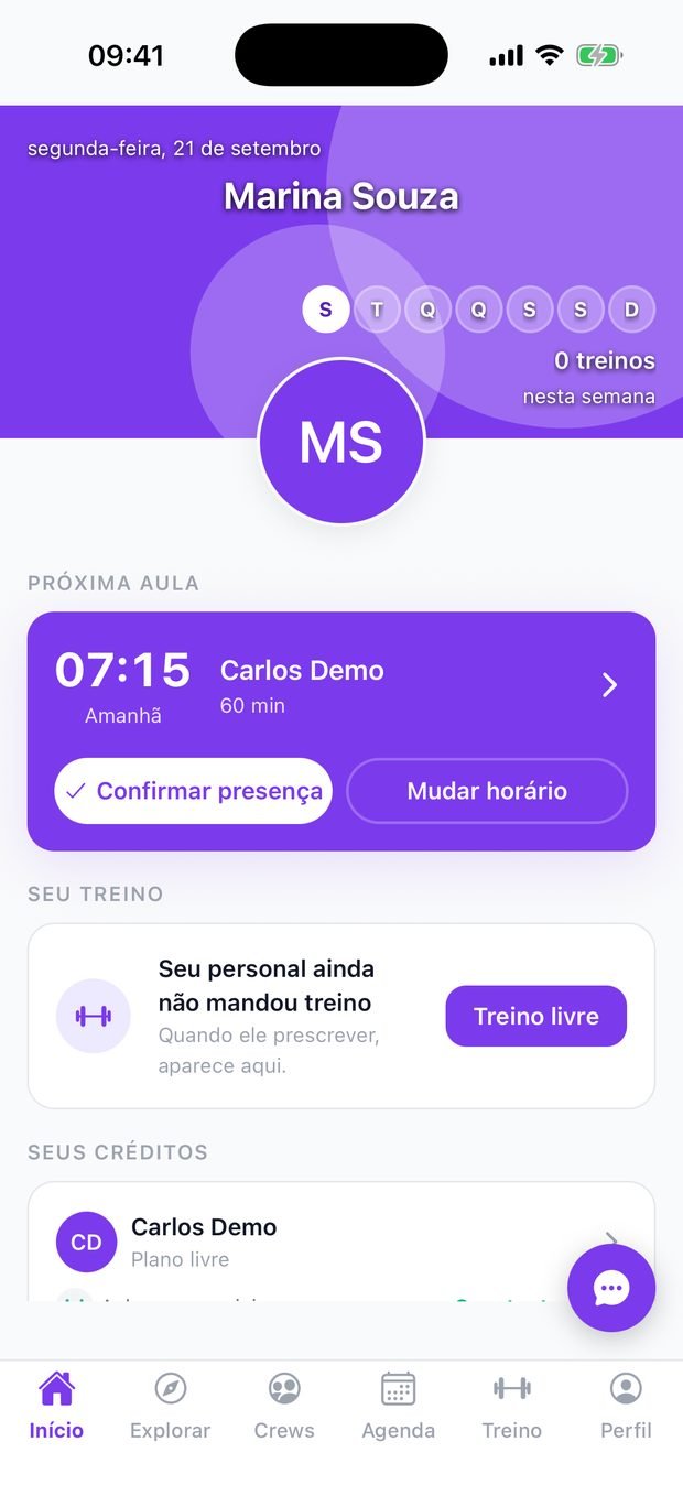 Tela de início do aluno no GesFit, com a próxima aula marcada