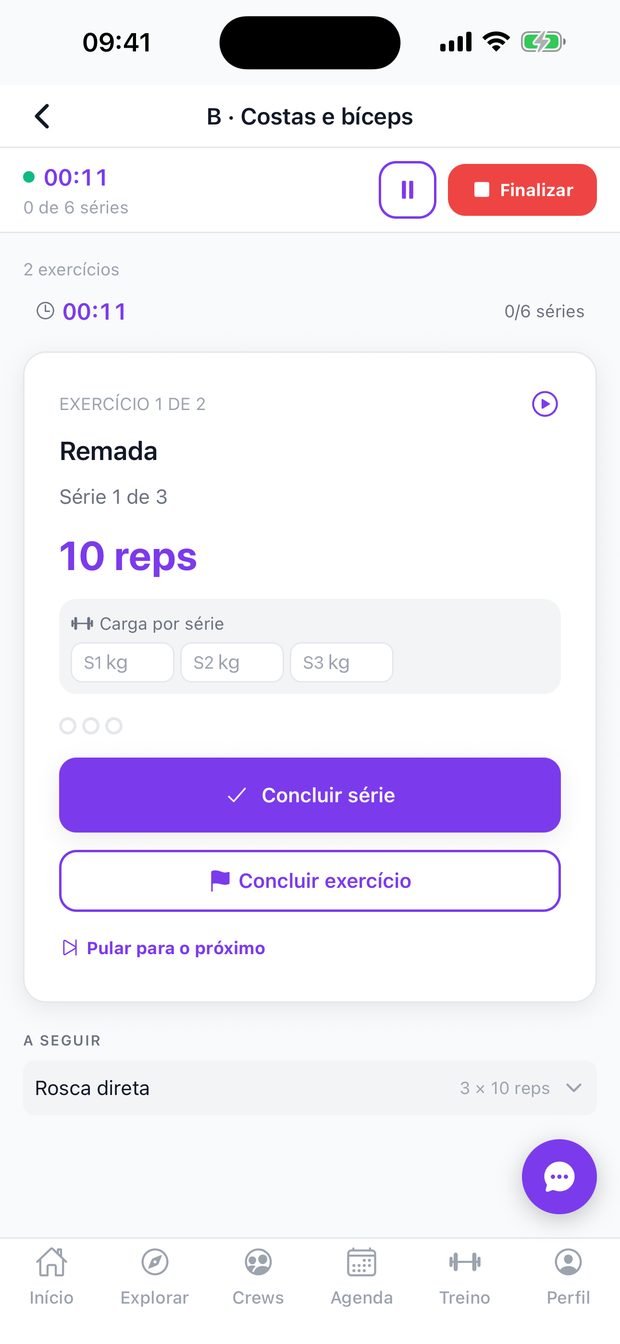 Tela de treino em andamento, com séries e cronômetro
