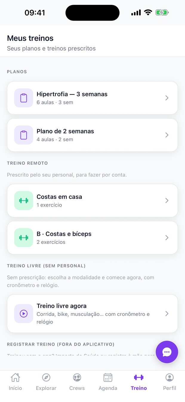 Aba de treinos do aluno, com planos e treino remoto