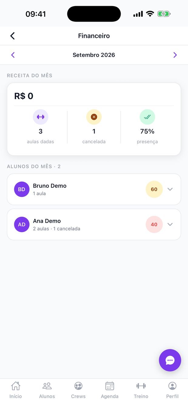 Painel financeiro do personal, com receita do mês e presença