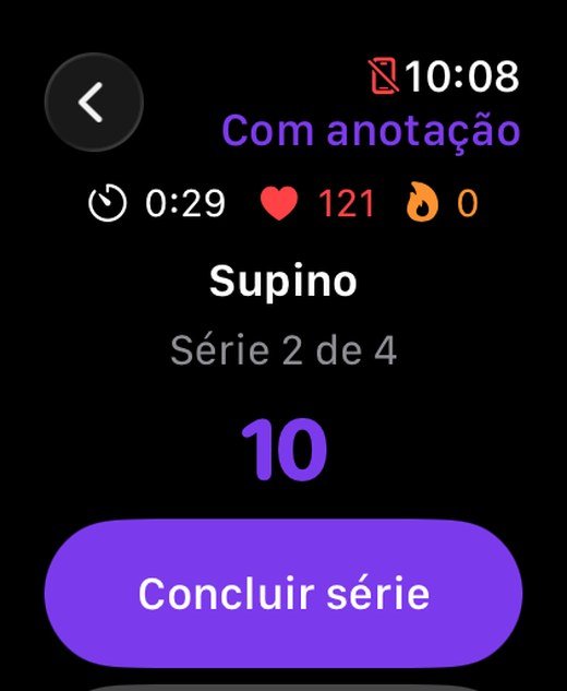 GesFit no Apple Watch, mostrando a série, o batimento e o botão de concluir
